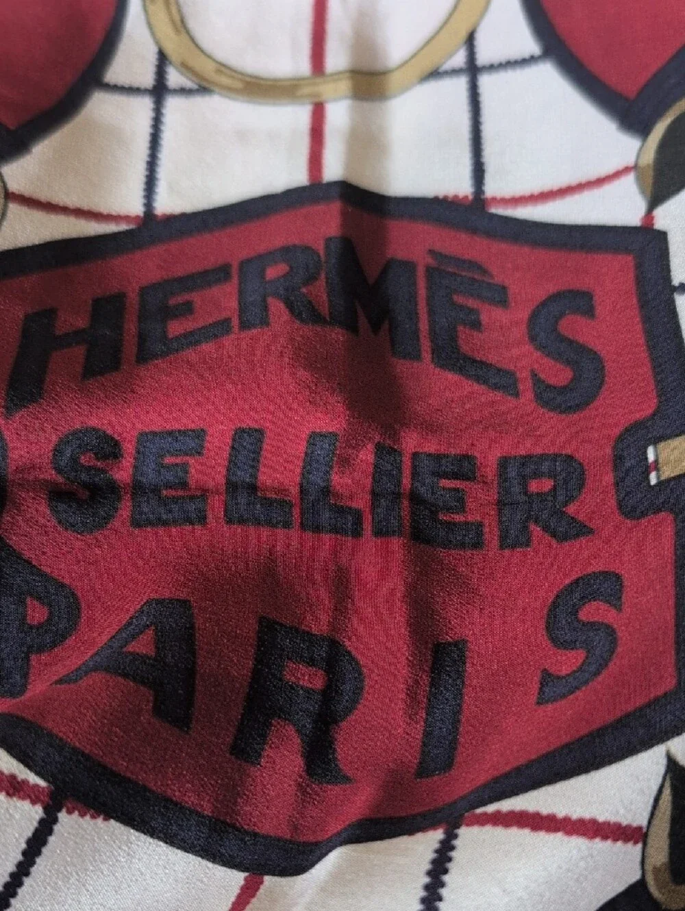 Hermes Paris Red, White and Gold Equestrian Design Scarf 29x31